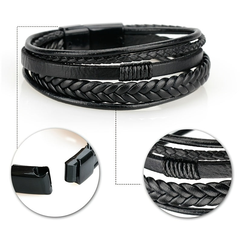 1pc Men's Hand-Woven Multi-Layer Leather Bracelet with Buckle Closure - Stylish Faux Leather Cuff, Durable & Versatile Accessory for Casual or Formal Wear