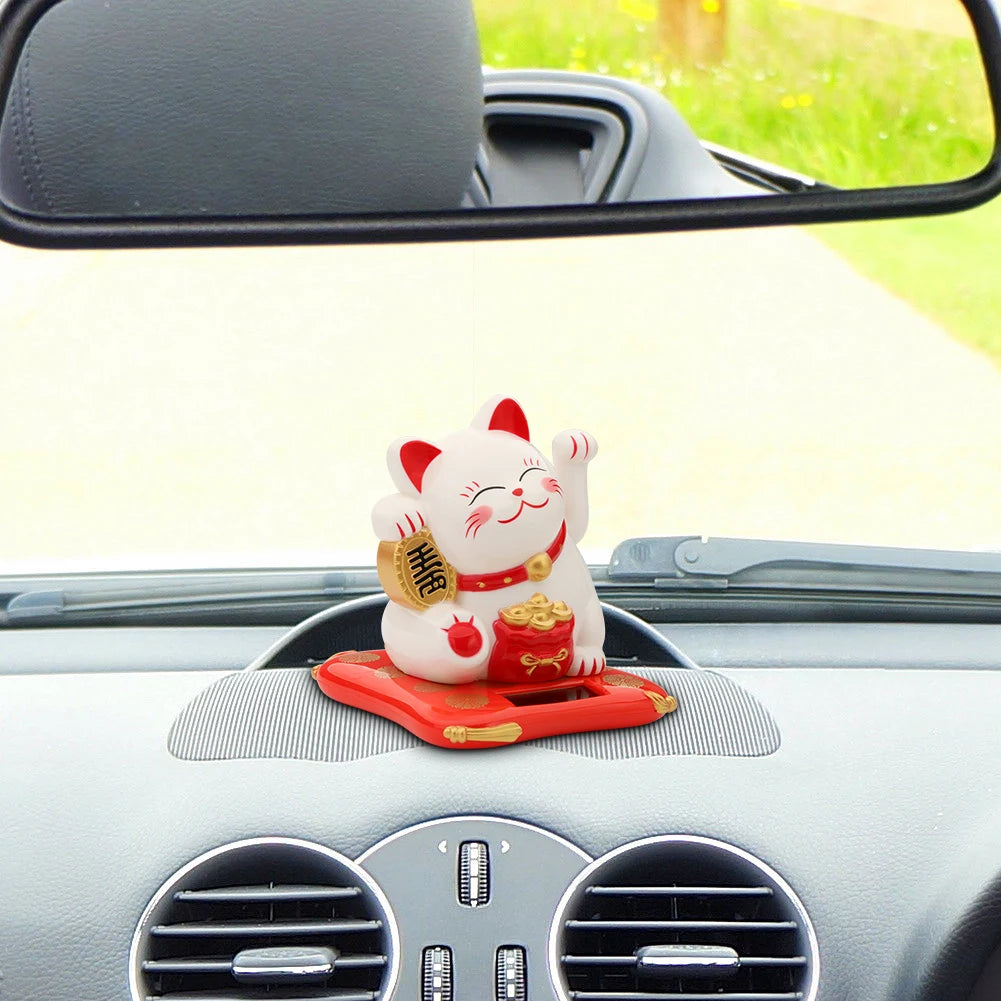 Lucky Cat Wealth Waving Figurines 2.5 inch Solar Powered Cute Cat Crafts Statue for Home/Office/Car Windshield Decor Accessories