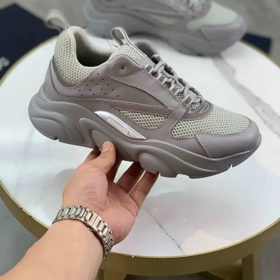 2025 New Genuine Leather Mesh Breathable Outdoor Dad Shoes, Thick-Sole Heightening Sports Casual Shoes