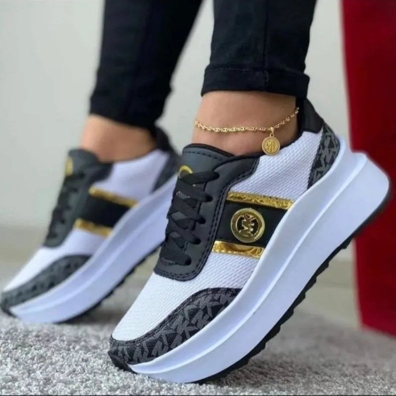 Ladies New Style Trendy Casual Shoes Lace-up Flat-soled Color Matching Vulcanized Shoes Women's Tennis Running Thick-soled Shoes