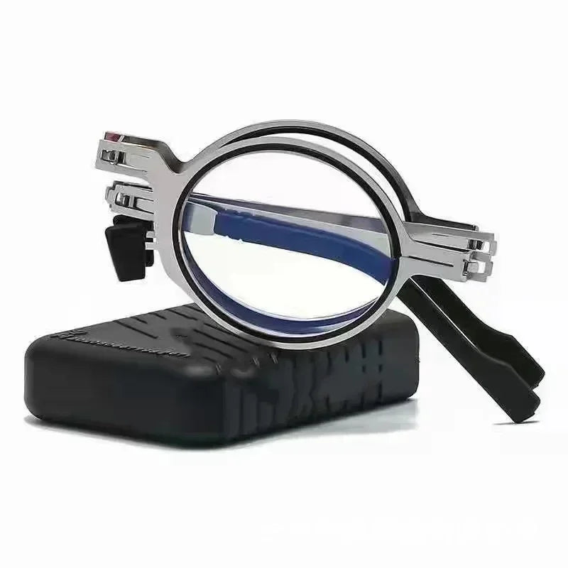 Unisex Folding Reading Glasses Transparent Lenses Full Metal Frame Anti Blue Light Comes with Case for Men and Women