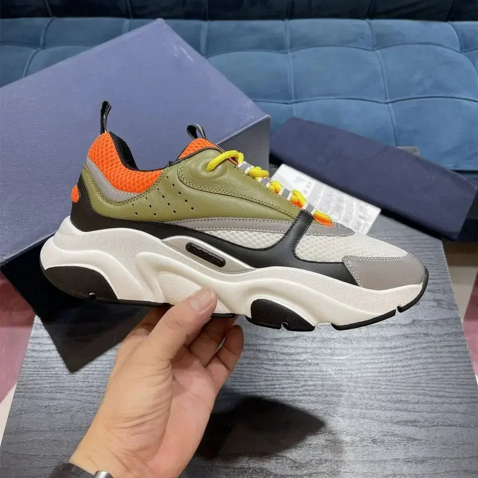 2025 New Genuine Leather Mesh Breathable Outdoor Dad Shoes, Thick-Sole Heightening Sports Casual Shoes