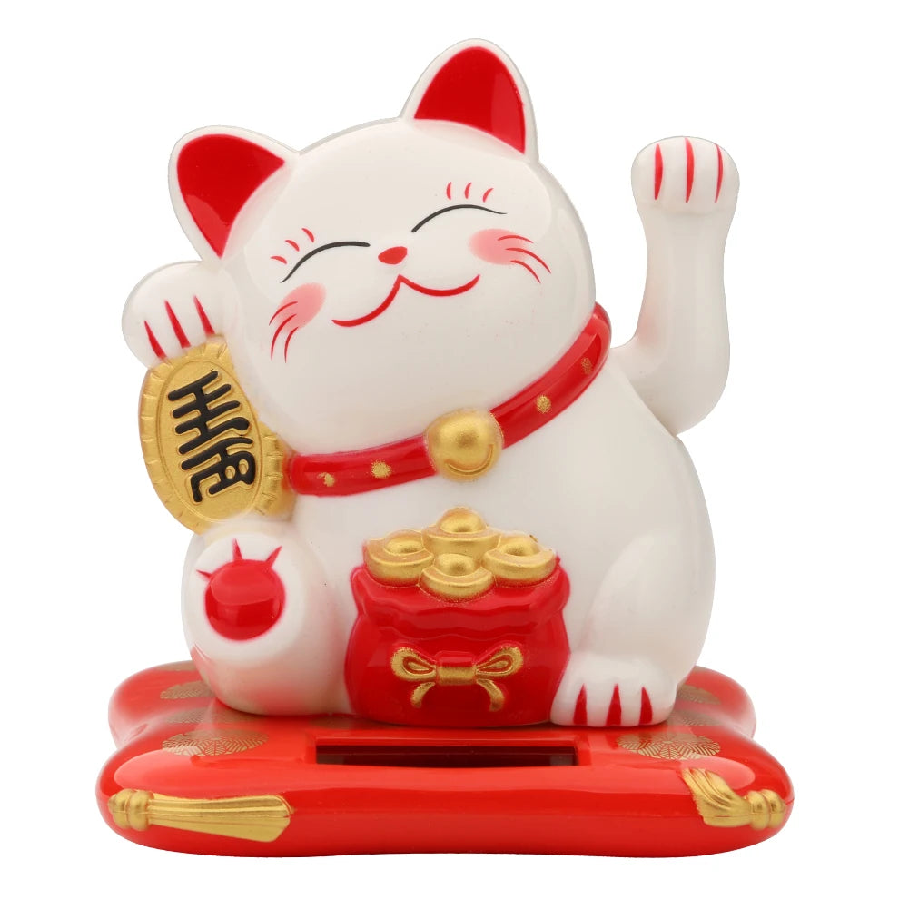 Lucky Cat Wealth Waving Figurines 2.5 inch Solar Powered Cute Cat Crafts Statue for Home/Office/Car Windshield Decor Accessories