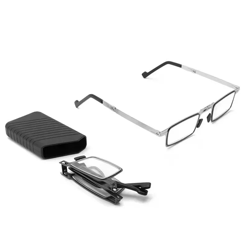 Unisex Folding Reading Glasses Transparent Lenses Full Metal Frame Anti Blue Light Comes with Case for Men and Women